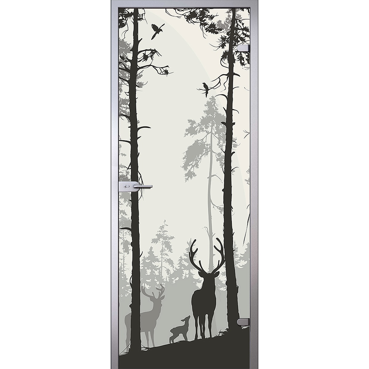 Дверь Силуэт оленей и птиц в сосновом лесу D_726016939 превью слайда 1