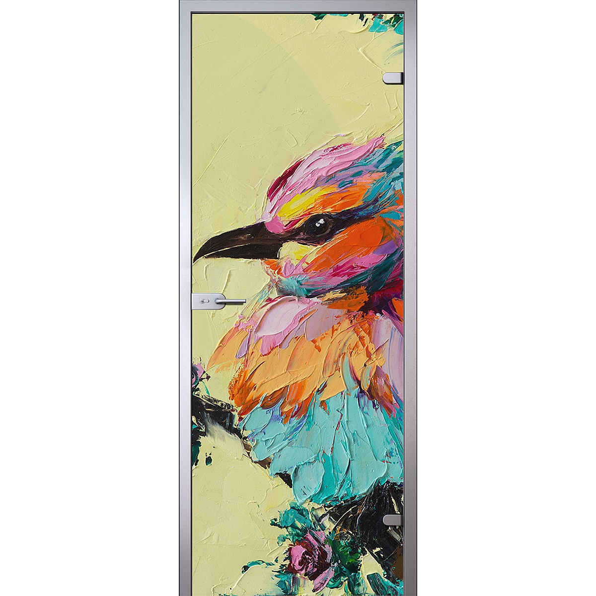 Дверь Красочная птица рядом с цветами масло холст D_668198344 превью слайда 1